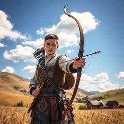 A young male archer standing proudly in a sunlit field, showcasing his skill and dedication