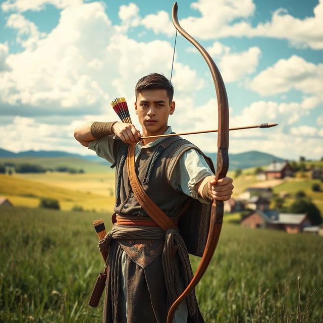 A young male archer standing proudly in a sunlit field, showcasing his skill and dedication