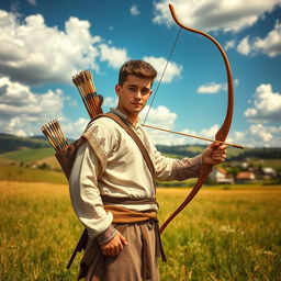 A young male archer standing proudly in a sunlit field, showcasing his skill and dedication