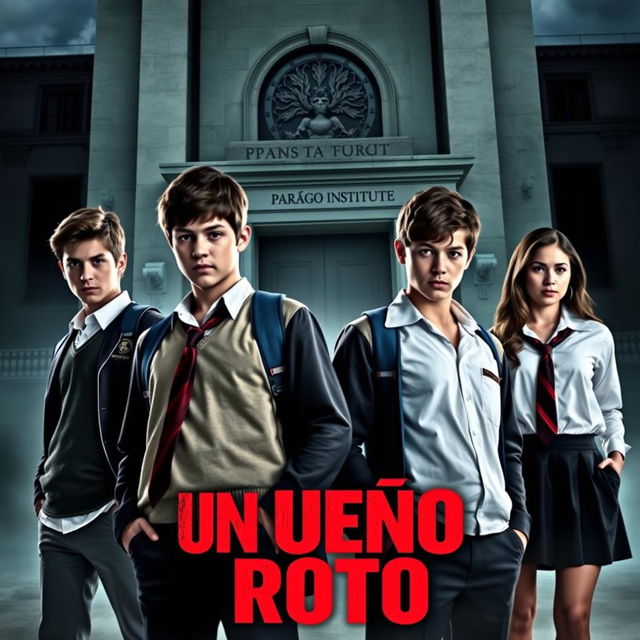 A poster featuring the main characters: Ramiro, Andrea, Lucas, and Rebeca, all aged 16, wearing distinct school uniforms