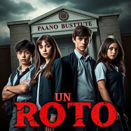 A poster featuring the main characters: Ramiro, Andrea, Lucas, and Rebeca, all aged 16, wearing distinct school uniforms