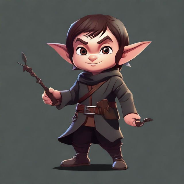 A semi-realistic digital art image of a Halfling Thief in dark clothes, holding a set of lock picks