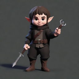 A semi-realistic digital art image of a Halfling Thief in dark clothes, holding a set of lock picks