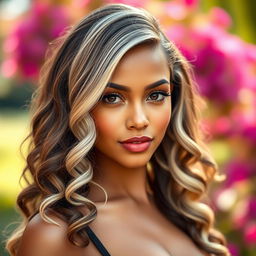 A stunning young woman with a harmonious blend of half white and half black ethnic features, showcasing beautiful mixed-race characteristics