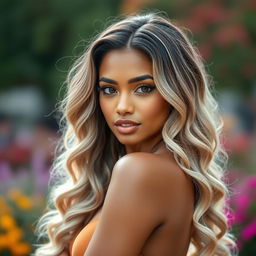 A stunning young woman with a harmonious blend of half white and half black ethnic features, showcasing beautiful mixed-race characteristics