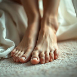 A close-up of an artistic representation featuring a pair of light-skinned, elegantly manicured feet playfully positioned near a soft-focus background