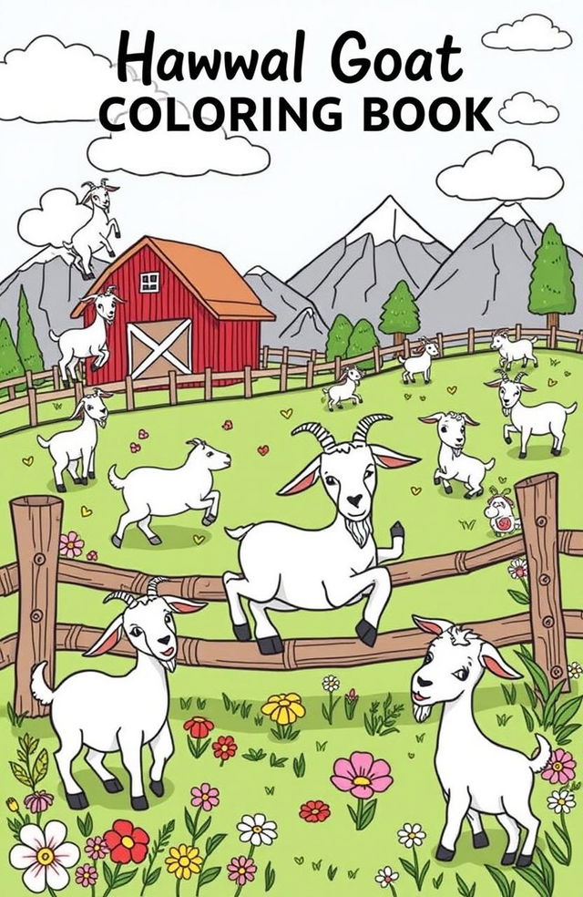 A whimsical goat coloring book featuring 30 pages of playful goat scenes in a variety of settings