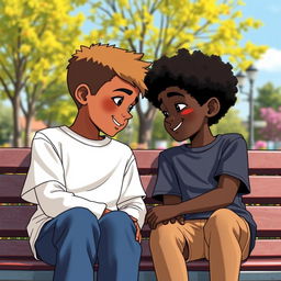 A heartwarming scene depicting the theme of friendship between two boys, one with fair skin and the other with dark skin