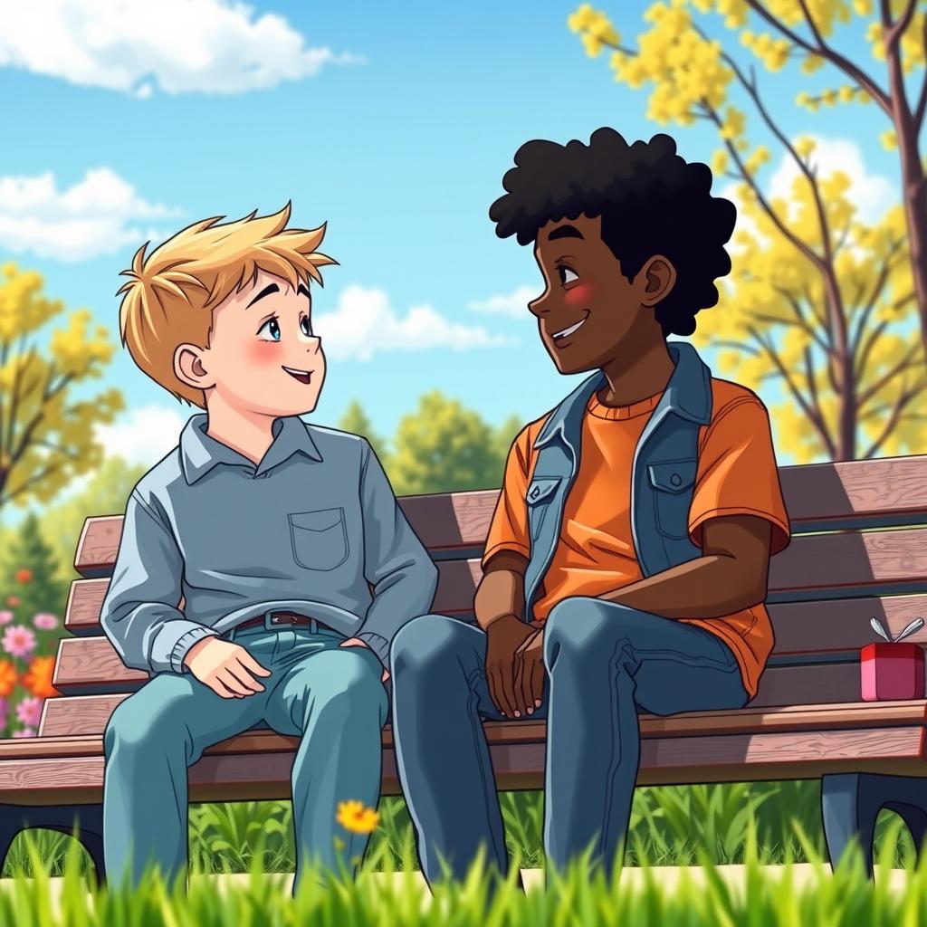 A heartwarming scene depicting the theme of friendship between two boys, one with fair skin and the other with dark skin