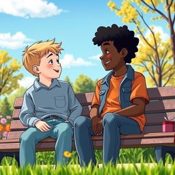 A heartwarming scene depicting the theme of friendship between two boys, one with fair skin and the other with dark skin