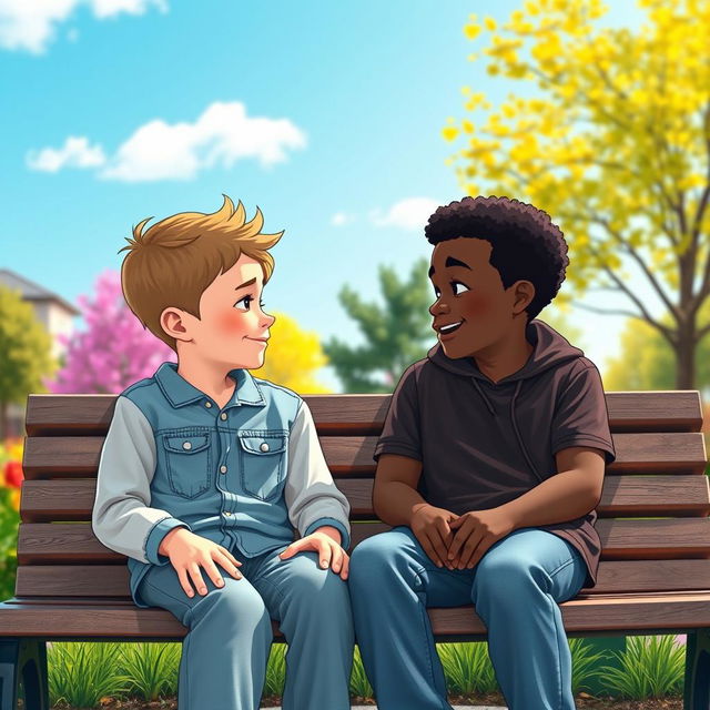 A heartwarming scene depicting the theme of friendship between two boys, one with fair skin and the other with dark skin