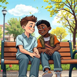 A heartwarming scene depicting the theme of friendship between two boys, one with fair skin and the other with dark skin