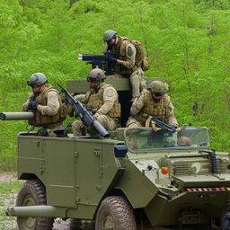 5 combatants in military fatigue, armed with assault rifles, missile launcher and radio in a rugged terrain vehicle