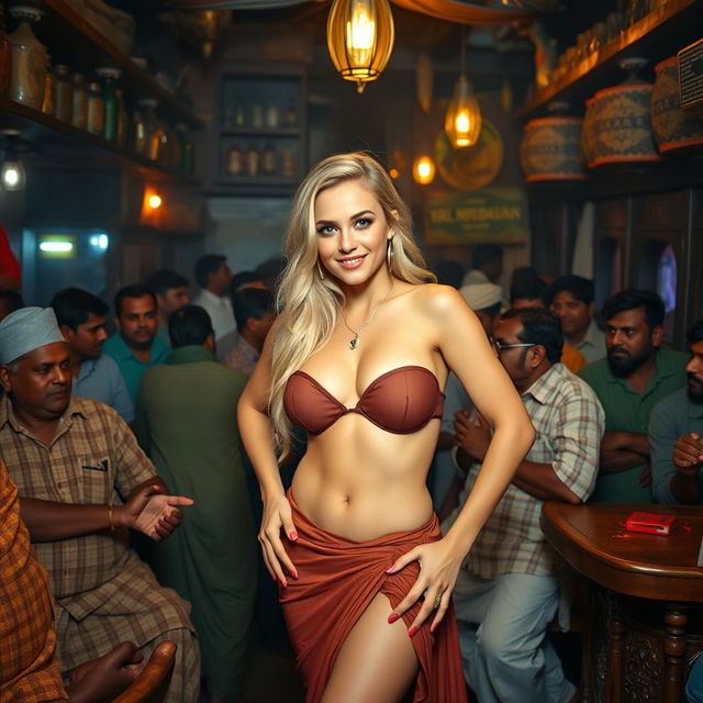 A busty blonde female model with big breasts and a sexy figure, posing confidently in a lively, crowded indoor setting of a rustic Indian bar