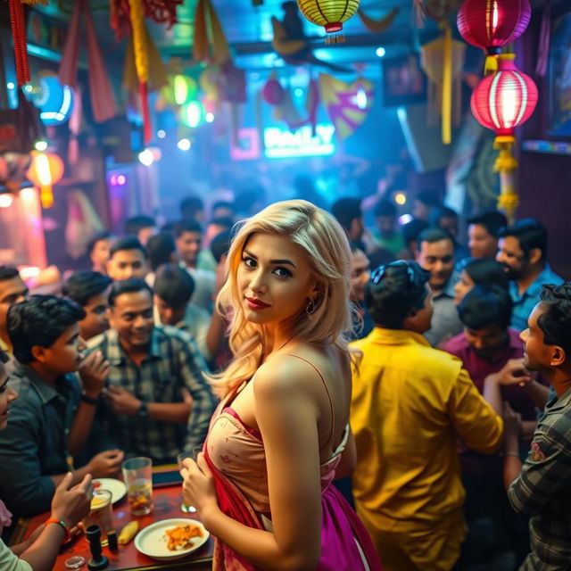 A vibrant and chaotic scene depicting a crowded and lively Indian bar filled with people, showcasing a mix of diverse characters interacting