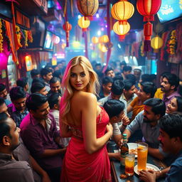 A vibrant and chaotic scene depicting a crowded and lively Indian bar filled with people, showcasing a mix of diverse characters interacting