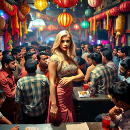 A vibrant and chaotic scene depicting a crowded and lively Indian bar filled with people, showcasing a mix of diverse characters interacting