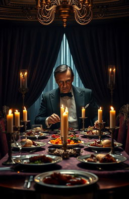 A sinister but charming portrayal of Hannibal Lecter, set in an opulent dining room filled with luxurious decor