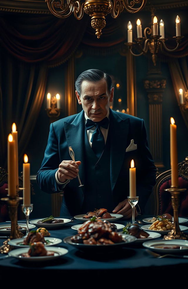 A sinister but charming portrayal of Hannibal Lecter, set in an opulent dining room filled with luxurious decor