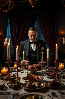 A sinister but charming portrayal of Hannibal Lecter, set in an opulent dining room filled with luxurious decor