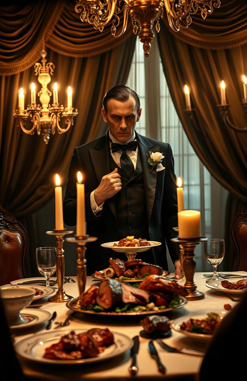 A sinister but charming portrayal of Hannibal Lecter, set in an opulent dining room filled with luxurious decor