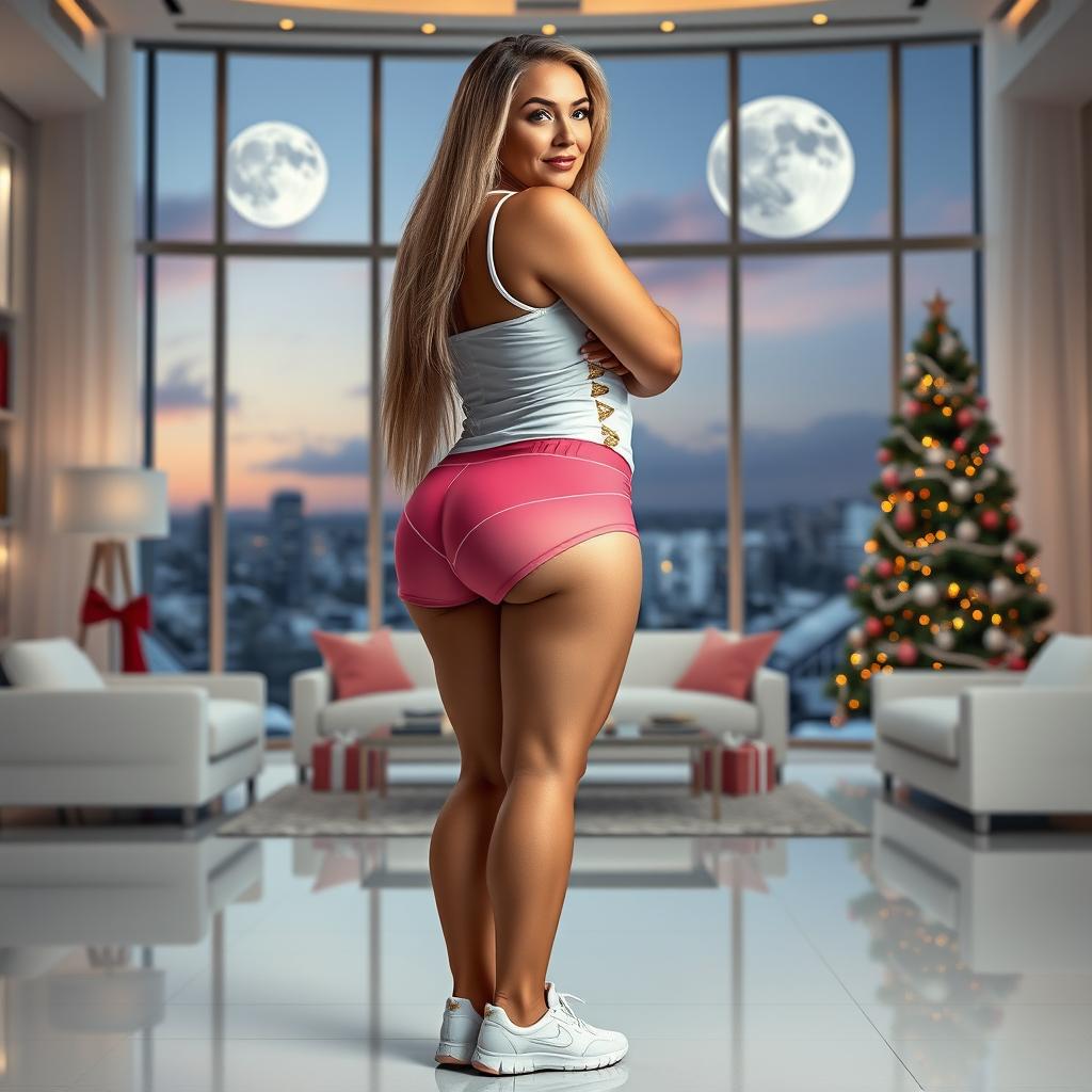 A full-body image of a beautiful 55-year-old MILF with Venezuelan features, showcasing a curvy physique with large breasts (size 42DD), wide hips, a very slim waist, thick thighs, and gorgeous, firm legs
