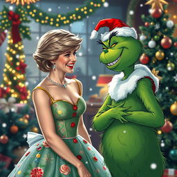 A lively and festive scene where Princess Diana is laughing joyfully at a person dressed in a Grinch costume