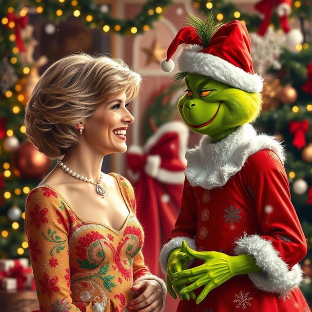 A lively and festive scene where Princess Diana is laughing joyfully at a person dressed in a Grinch costume