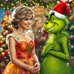 A lively and festive scene where Princess Diana is laughing joyfully at a person dressed in a Grinch costume