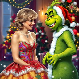 A lively and festive scene where Princess Diana is laughing joyfully at a person dressed in a Grinch costume