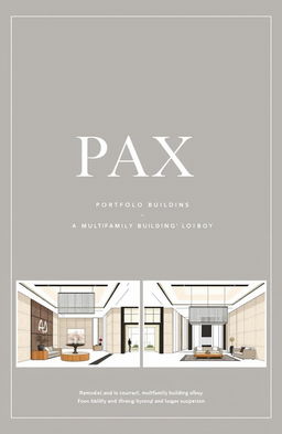 A sleek and sophisticated portfolio cover for the remodeling of a multifamily building lobby named 'PAX'