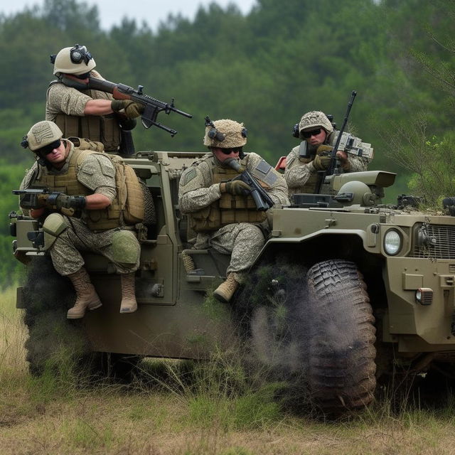 5 combatants in military fatigue, armed with assault rifles, missile launcher and radio in a rugged terrain vehicle