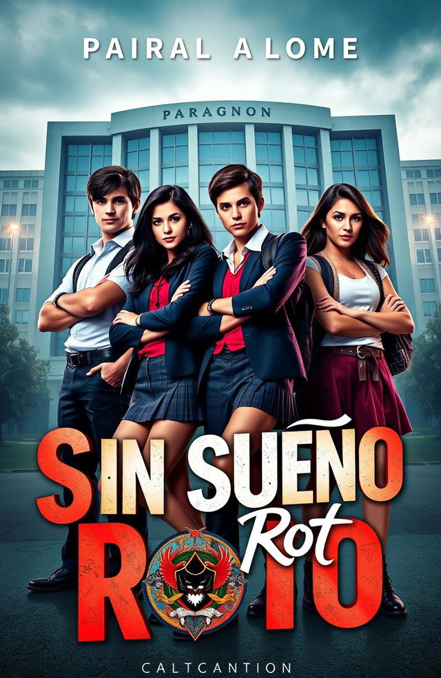 A vibrant book poster featuring the main cast: four 16-year-old friends named Ramiro, Andrea, Lucas, and Rebeca, all wearing stylish school uniforms