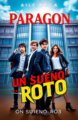 A vibrant book poster featuring the main cast: four 16-year-old friends named Ramiro, Andrea, Lucas, and Rebeca, all wearing stylish school uniforms