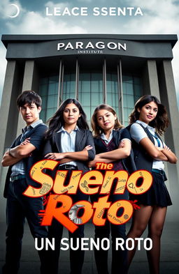 A vibrant book poster featuring the main cast: four 16-year-old friends named Ramiro, Andrea, Lucas, and Rebeca, all wearing stylish school uniforms