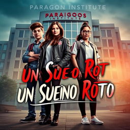 A captivating book poster featuring the main cast: four 16-year-old friends, Ramiro, Andrea, Lucas, and Rebeca, all dressed in stylish school uniforms