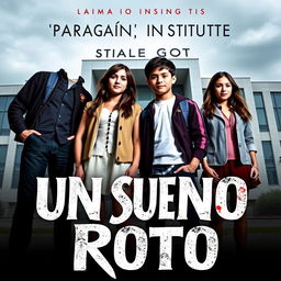 A captivating book poster featuring the main cast: four 16-year-old friends, Ramiro, Andrea, Lucas, and Rebeca, all dressed in stylish school uniforms