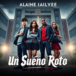 A captivating book poster featuring the main cast: four 16-year-old friends, Ramiro, Andrea, Lucas, and Rebeca, all dressed in stylish school uniforms