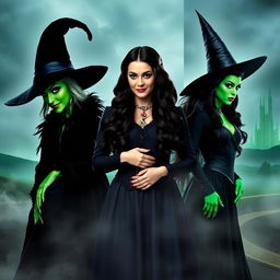 A dramatic scene showcasing three iconic wicked witches side by side