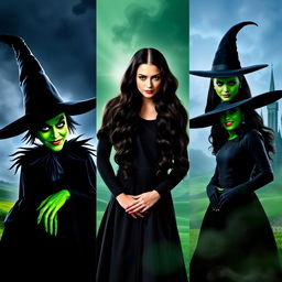 A dramatic scene showcasing three iconic wicked witches side by side