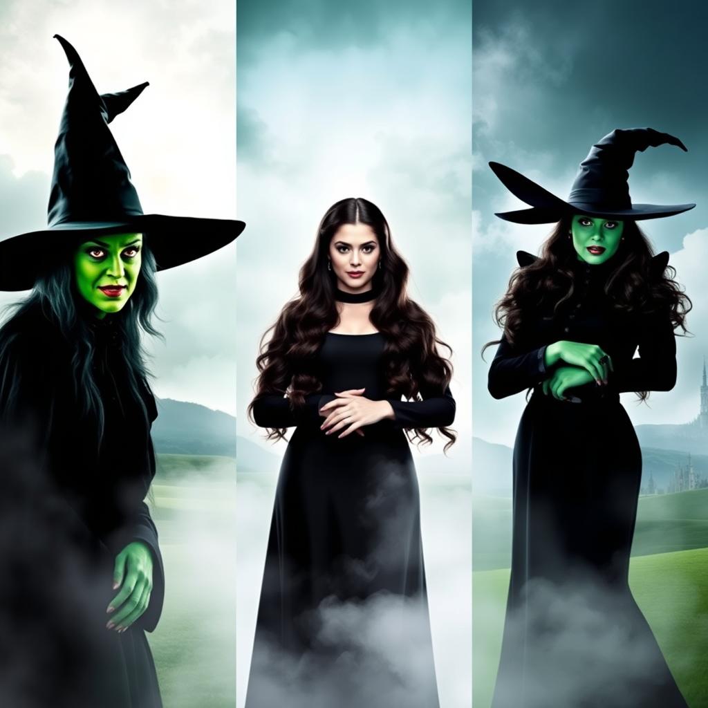 A dramatic scene showcasing three iconic wicked witches side by side