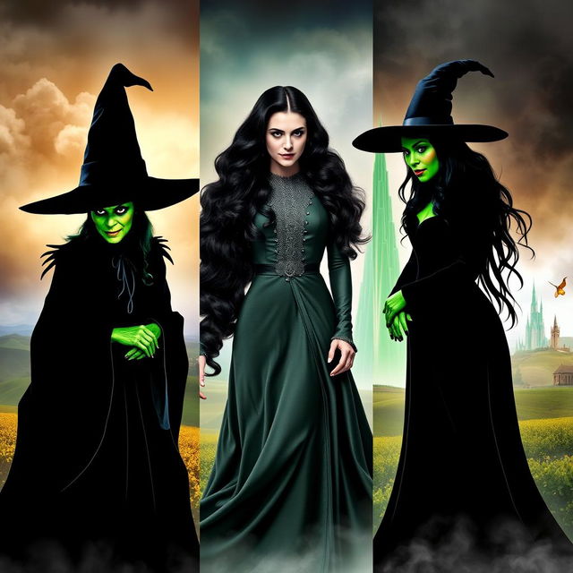 A dramatic scene showcasing three iconic wicked witches side by side