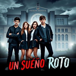 A striking book poster featuring the main characters: four 16-year-old friends, Ramiro, Andrea, Lucas, and Rebeca, all dressed in fashionable school uniforms