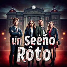 A striking book poster featuring the main characters: four 16-year-old friends, Ramiro, Andrea, Lucas, and Rebeca, all dressed in fashionable school uniforms