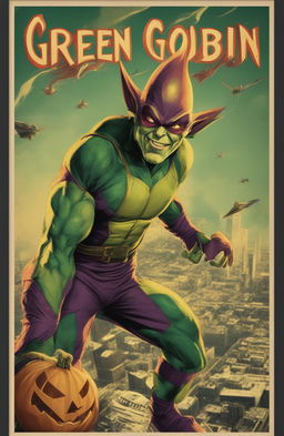 A 32k resolution vintage style poster of the Green Goblin from Marvel, printed on a 200mm vinyl medium