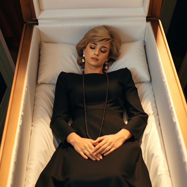 A serene and peaceful portrayal of Princess Diana resting in an open casket, dressed elegantly in a long black dress that reflects her iconic style