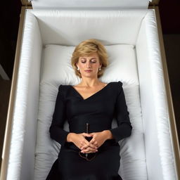 A serene and peaceful portrayal of Princess Diana resting in an open casket, dressed elegantly in a long black dress that reflects her iconic style
