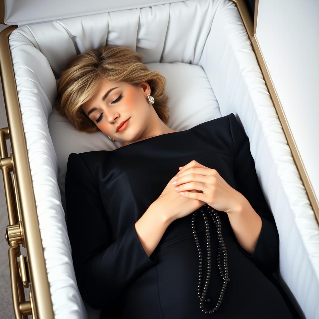 A serene and peaceful portrayal of Princess Diana resting in an open casket, dressed elegantly in a long black dress that reflects her iconic style