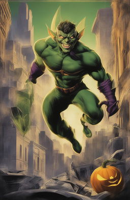 A 32k resolution vintage style poster of the Green Goblin from Marvel, printed on a 200mm vinyl medium