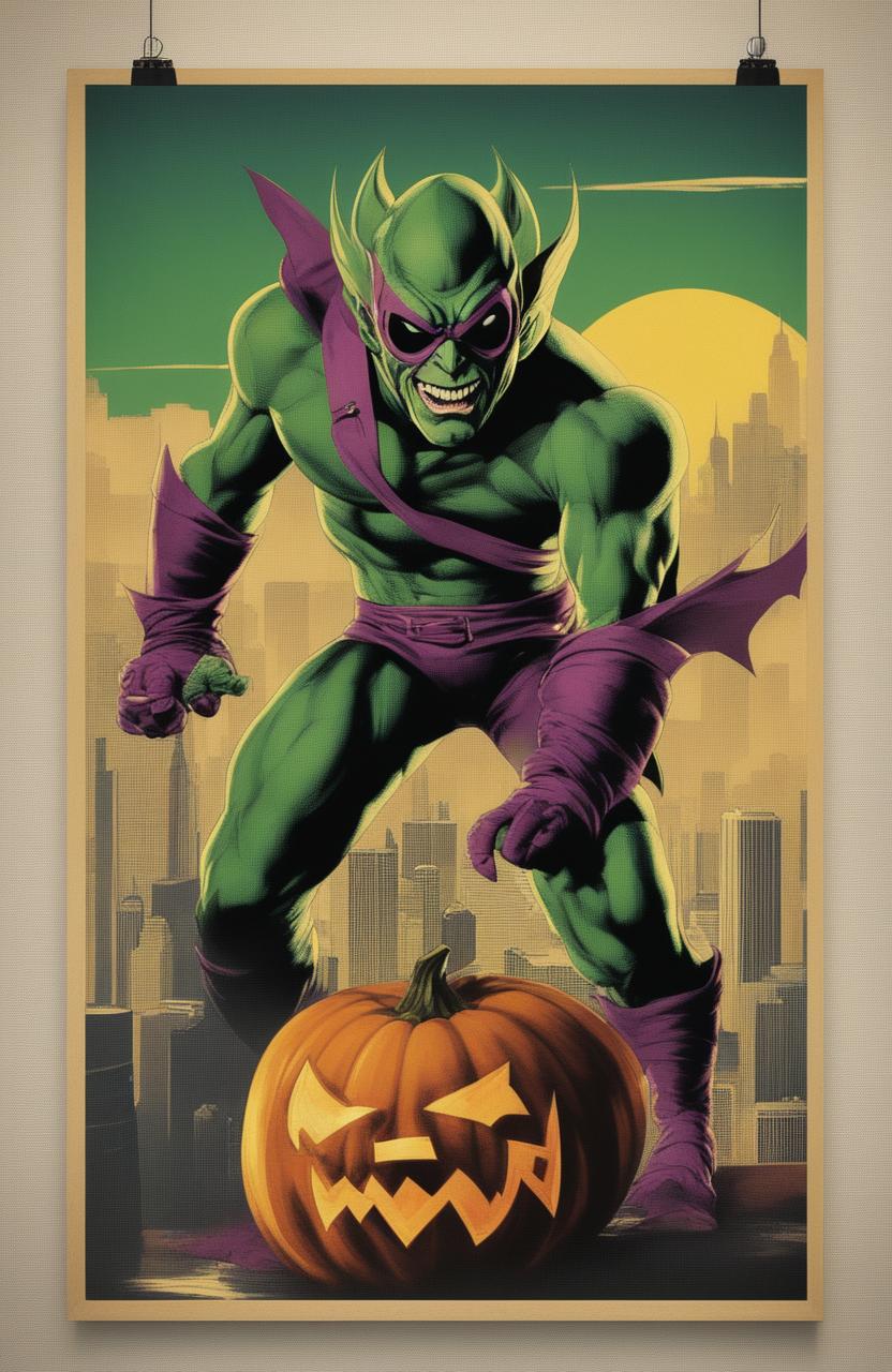 A 32k resolution vintage style poster of the Green Goblin from Marvel, printed on a 200mm vinyl medium